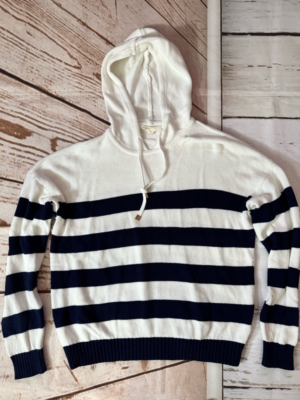 Brit NY EUC White & Navy Striped Hooded Sweater large